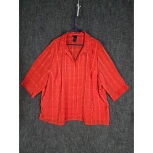 Maggie Barnes Women's 3X Orange Plaid Button Down Shirt‎ 3/4 Sleeve Lightweight